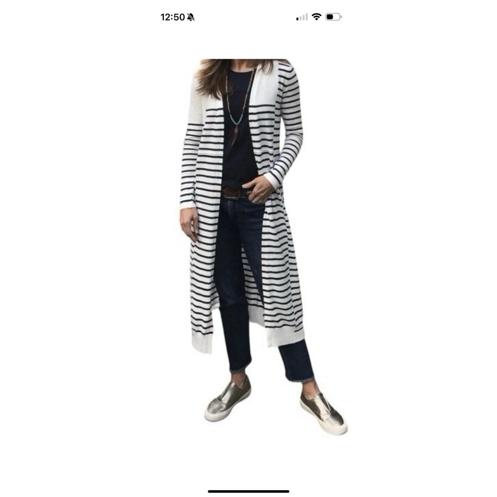 Cabi M Victory Open Front Striped Cardigan #5141 Duster Nautical Cozy Print Long